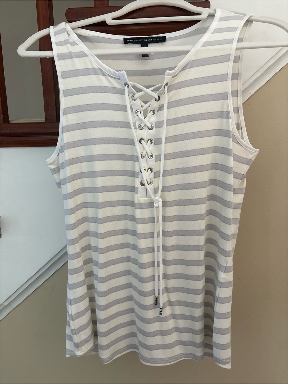 White House Black Market White and Light Gray Striped Lace-Up Tank